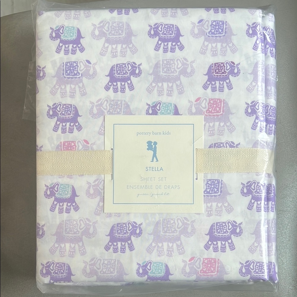 Pottery Barn Kids Stella Elephant Sheet Set - Purple w/Pink and Blue Accent